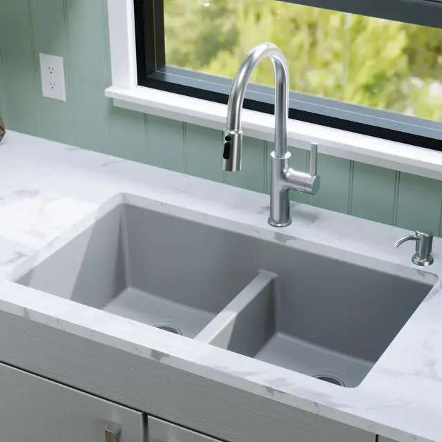 Alt view image 2 of 6 - 32" Grey Quartz Composite Undermount Double Bowl Kitchen Sink with Low Divider 50/50 Equal Bowl, 80% Natural Quartz, 535°F Heat Resistant, Sound Dampening, QU-810