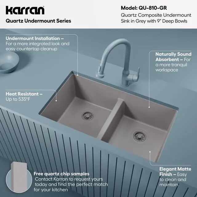 Alt view image 3 of 6 - 32" Grey Quartz Composite Undermount Double Bowl Kitchen Sink with Low Divider 50/50 Equal Bowl, 80% Natural Quartz, 535°F Heat Resistant, Sound Dampening, QU-810