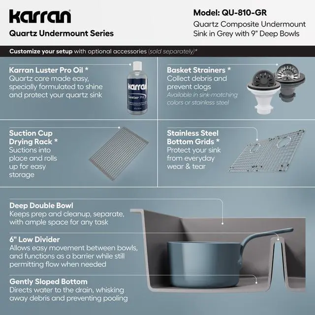 Alt view image 4 of 6 - 32" Grey Quartz Composite Undermount Double Bowl Kitchen Sink with Low Divider 50/50 Equal Bowl, 80% Natural Quartz, 535°F Heat Resistant, Sound Dampening, QU-810