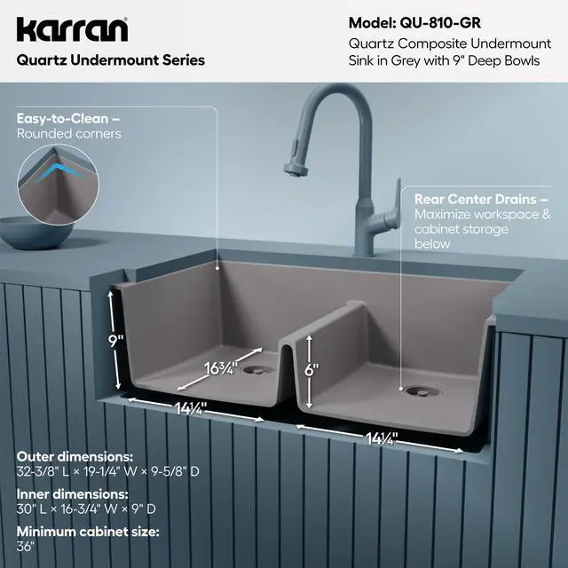Alt view image 5 of 6 - 32" Grey Quartz Composite Undermount Double Bowl Kitchen Sink with Low Divider 50/50 Equal Bowl, 80% Natural Quartz, 535°F Heat Resistant, Sound Dampening, QU-810