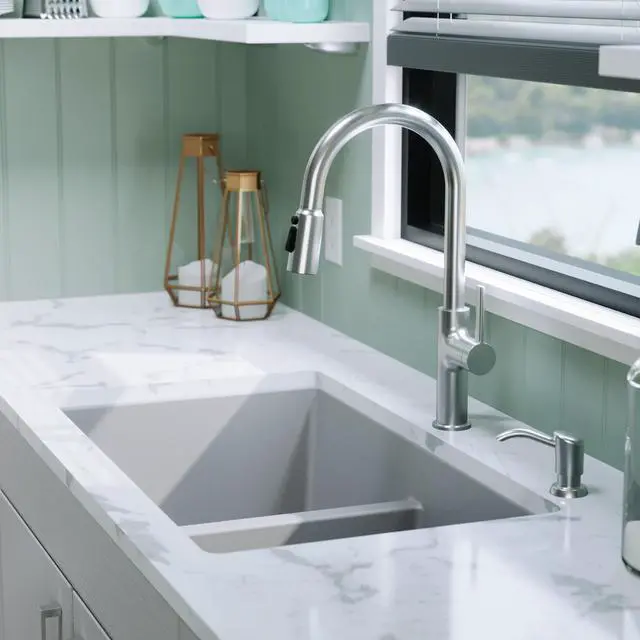 Alt view image 6 of 6 - 32" Grey Quartz Composite Undermount Double Bowl Kitchen Sink with Low Divider 50/50 Equal Bowl, 80% Natural Quartz, 535°F Heat Resistant, Sound Dampening, QU-810