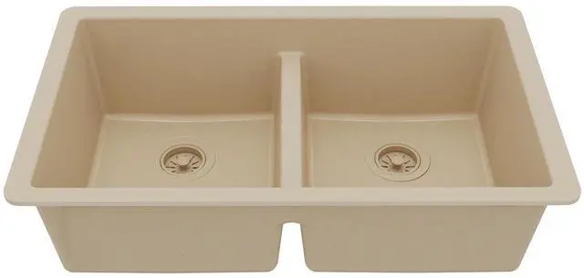 Main image of 32" Bisque Quartz Composite Undermount Double Bowl Kitchen Sink with Low Divider 50/50 Equal Bowl, 80% Natural Quartz, 535°F Heat Resistant, Sound Dampening, QU-810