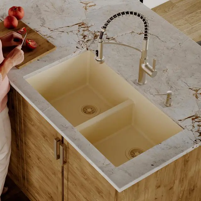 Alt view image 2 of 6 - 32" Bisque Quartz Composite Undermount Double Bowl Kitchen Sink with Low Divider 50/50 Equal Bowl, 80% Natural Quartz, 535°F Heat Resistant, Sound Dampening, QU-810