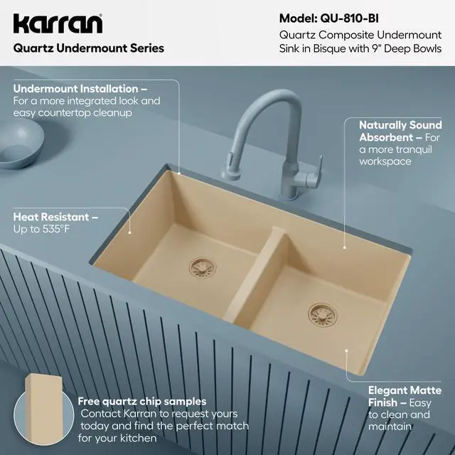 Alt view image 3 of 6 - 32" Bisque Quartz Composite Undermount Double Bowl Kitchen Sink with Low Divider 50/50 Equal Bowl, 80% Natural Quartz, 535°F Heat Resistant, Sound Dampening, QU-810