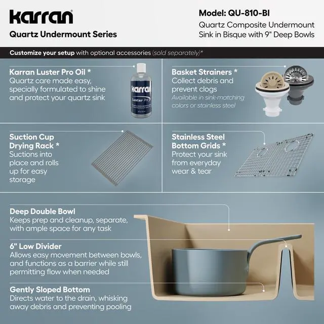 Alt view image 4 of 6 - 32" Bisque Quartz Composite Undermount Double Bowl Kitchen Sink with Low Divider 50/50 Equal Bowl, 80% Natural Quartz, 535°F Heat Resistant, Sound Dampening, QU-810