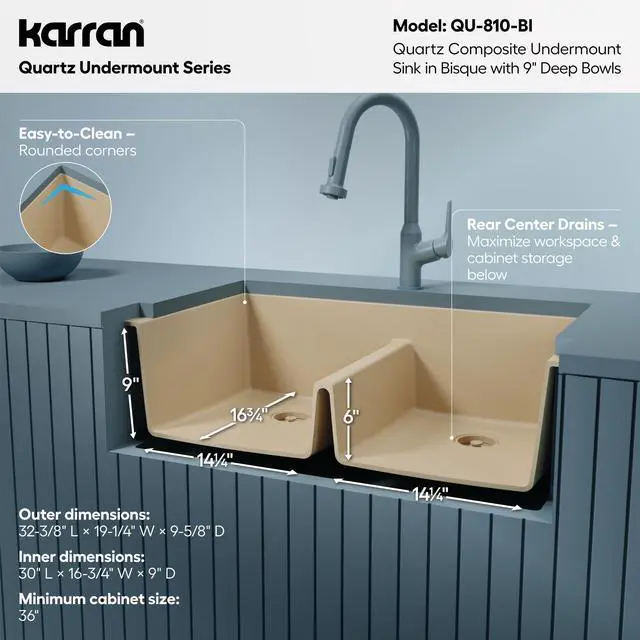 Alt view image 5 of 6 - 32" Bisque Quartz Composite Undermount Double Bowl Kitchen Sink with Low Divider 50/50 Equal Bowl, 80% Natural Quartz, 535°F Heat Resistant, Sound Dampening, QU-810