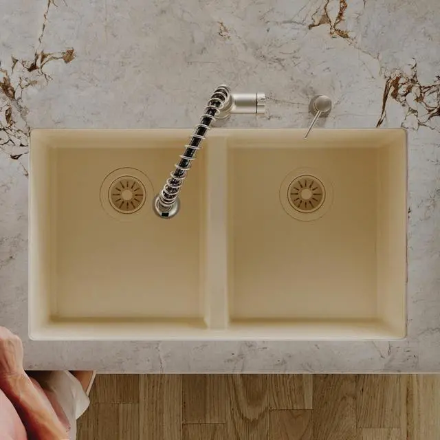 Alt view image 6 of 6 - 32" Bisque Quartz Composite Undermount Double Bowl Kitchen Sink with Low Divider 50/50 Equal Bowl, 80% Natural Quartz, 535°F Heat Resistant, Sound Dampening, QU-810