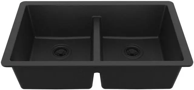 Main image of 32" Black Quartz Composite Undermount Double Bowl Kitchen Sink with Low Divider 50/50 Equal Bowl, 80% Natural Quartz, 535°F Heat Resistant, Sound Dampening, QU-810