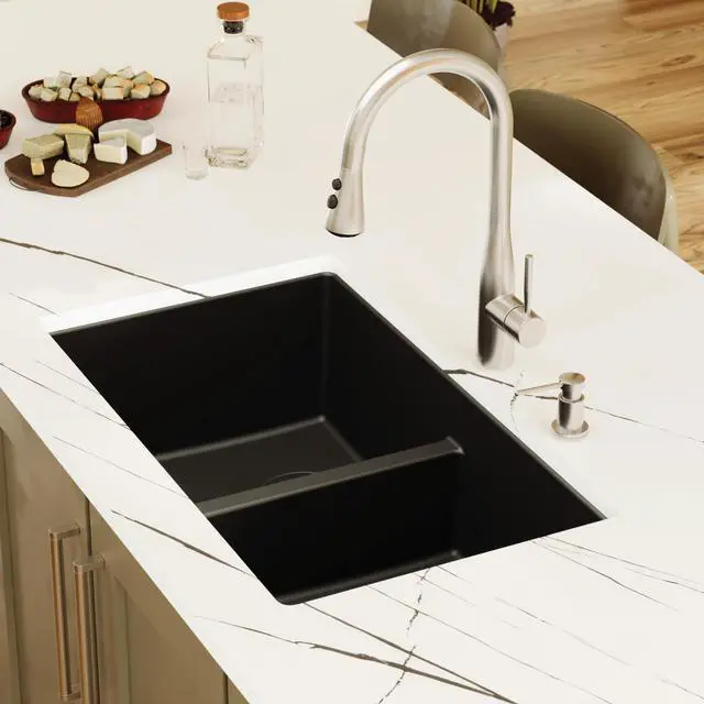 Alt view image 2 of 6 - 32" Black Quartz Composite Undermount Double Bowl Kitchen Sink with Low Divider 50/50 Equal Bowl, 80% Natural Quartz, 535°F Heat Resistant, Sound Dampening, QU-810
