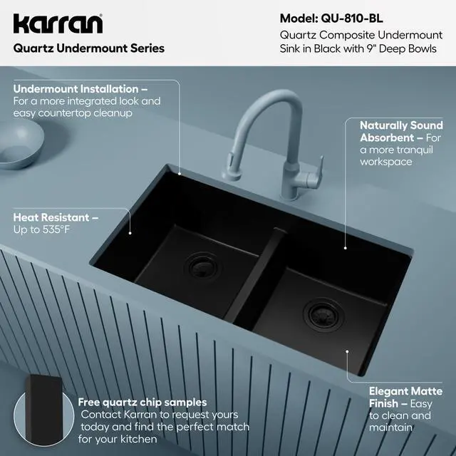 Alt view image 3 of 6 - 32" Black Quartz Composite Undermount Double Bowl Kitchen Sink with Low Divider 50/50 Equal Bowl, 80% Natural Quartz, 535°F Heat Resistant, Sound Dampening, QU-810