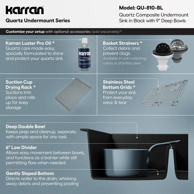 Alt view image 4 of 6 - 32" Black Quartz Composite Undermount Double Bowl Kitchen Sink with Low Divider 50/50 Equal Bowl, 80% Natural Quartz, 535°F Heat Resistant, Sound Dampening, QU-810