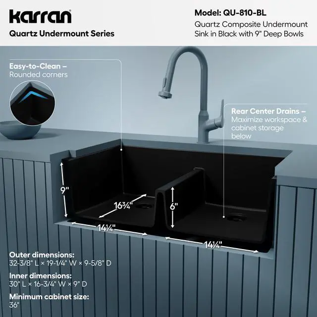 Alt view image 5 of 6 - 32" Black Quartz Composite Undermount Double Bowl Kitchen Sink with Low Divider 50/50 Equal Bowl, 80% Natural Quartz, 535°F Heat Resistant, Sound Dampening, QU-810