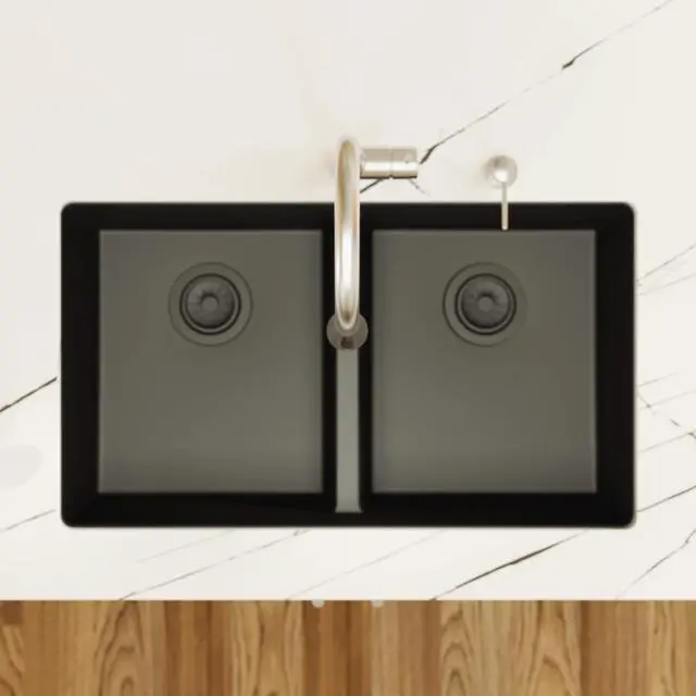 Alt view image 6 of 6 - 32" Black Quartz Composite Undermount Double Bowl Kitchen Sink with Low Divider 50/50 Equal Bowl, 80% Natural Quartz, 535°F Heat Resistant, Sound Dampening, QU-810