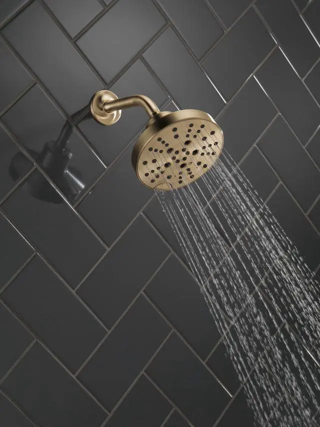 Alt view image 2 of 6 - 5-Setting Brushed Gold Shower Head with H2Okinetic Spray, 6 Inch Round Shower Head, Showerheads, 1.75 GPM Flow Rate, Lumicoat Champagne Bronze 52668-CZ-PR