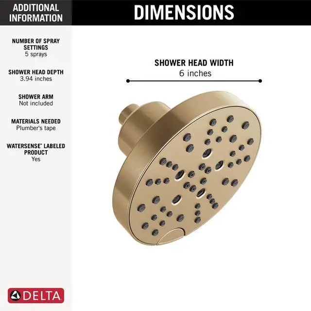 Alt view image 3 of 6 - 5-Setting Brushed Gold Shower Head with H2Okinetic Spray, 6 Inch Round Shower Head, Showerheads, 1.75 GPM Flow Rate, Lumicoat Champagne Bronze 52668-CZ-PR