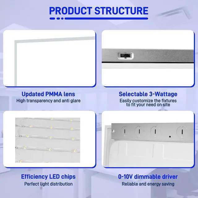 Alt view image 4 of 6 - 2x4 LED Flat Panel Lights,30/40/50W Selectable,0-10V Dimmable,5500lm 5000K Daylight,LED Drop Ceiling Light for Office,Classroom,Garage,Replaces 3-Lamp F32T8 Fluorescent Fixture,6 Pack