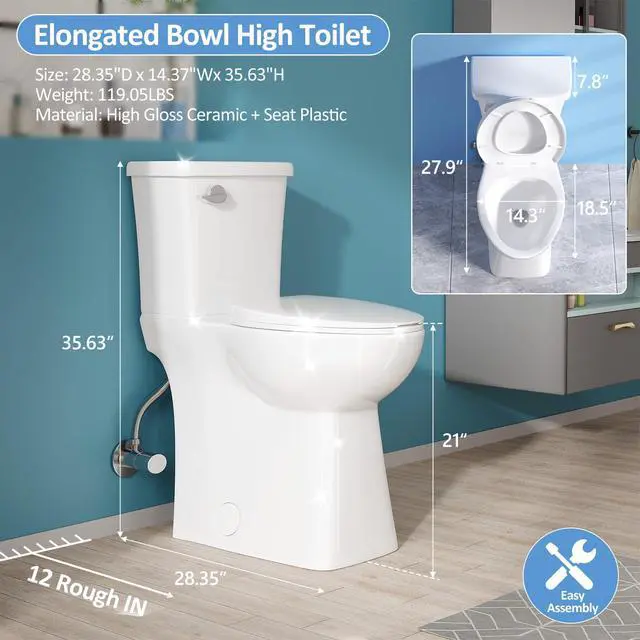 Alt view image 6 of 6 - 21 Inch Tall Toilets for Seniors, ADA Elongated Comfort High Toilet Seat, Powerful Single Flush 1.28 GPF, 12 Rough In, Height Toilets for Bathroom & Tall Person/Elderly/Handicapped