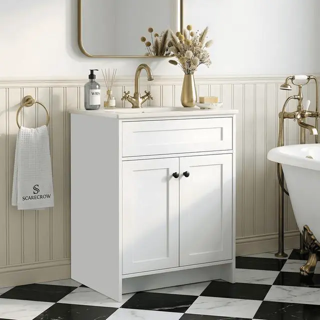 Main image of 24 Inch Freestanding Bathroom Vanity with Sink, Shaker Style White Cabinet with Double Doors, Waterproof Lacquer Finish, Small Space Solution for Powder Room & Apartment
