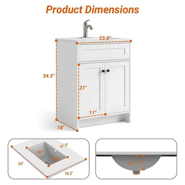 Alt view image 2 of 6 - 24 Inch Freestanding Bathroom Vanity with Sink, Shaker Style White Cabinet with Double Doors, Waterproof Lacquer Finish, Small Space Solution for Powder Room & Apartment