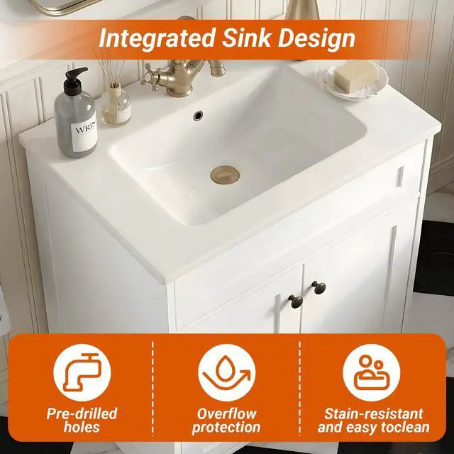 Alt view image 3 of 6 - 24 Inch Freestanding Bathroom Vanity with Sink, Shaker Style White Cabinet with Double Doors, Waterproof Lacquer Finish, Small Space Solution for Powder Room & Apartment