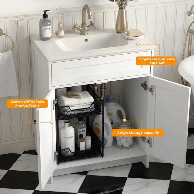 Alt view image 4 of 6 - 24 Inch Freestanding Bathroom Vanity with Sink, Shaker Style White Cabinet with Double Doors, Waterproof Lacquer Finish, Small Space Solution for Powder Room & Apartment