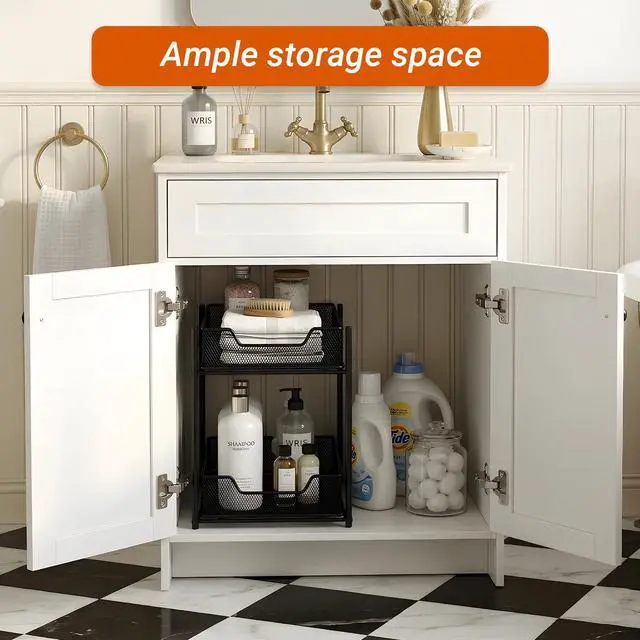 Alt view image 5 of 6 - 24 Inch Freestanding Bathroom Vanity with Sink, Shaker Style White Cabinet with Double Doors, Waterproof Lacquer Finish, Small Space Solution for Powder Room & Apartment