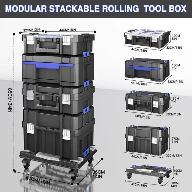 Alt view image 2 of 6 - 5 Tier Stackable Tool Box with Wheels,Rolling Tool Box with Drawers,Modular Tools Organizer,Portable Tool Box with Transparent Parts Box,Large Capacity Toolbox,for Garage Storage,Home and Repair Shop