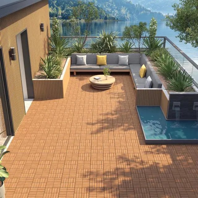 Alt view image 2 of 6 - 54pcs Acacia Wood,Interlocking Deck Tiles with Non-Slip Surface,Easy Snap Waterproof Flooring Tiles for Indoor Outdoor,Cracking Resistant Patio Backyard Decor for All Weather Use,Wood
