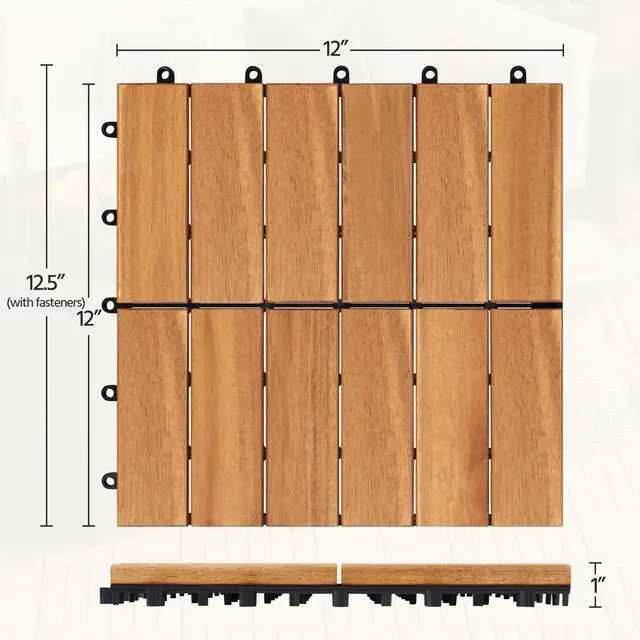 Alt view image 3 of 6 - 54pcs Acacia Wood,Interlocking Deck Tiles with Non-Slip Surface,Easy Snap Waterproof Flooring Tiles for Indoor Outdoor,Cracking Resistant Patio Backyard Decor for All Weather Use,Wood