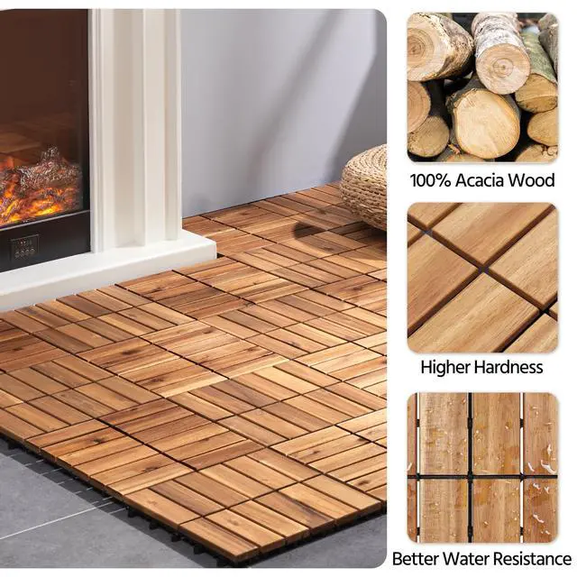 Alt view image 4 of 6 - 54pcs Acacia Wood,Interlocking Deck Tiles with Non-Slip Surface,Easy Snap Waterproof Flooring Tiles for Indoor Outdoor,Cracking Resistant Patio Backyard Decor for All Weather Use,Wood