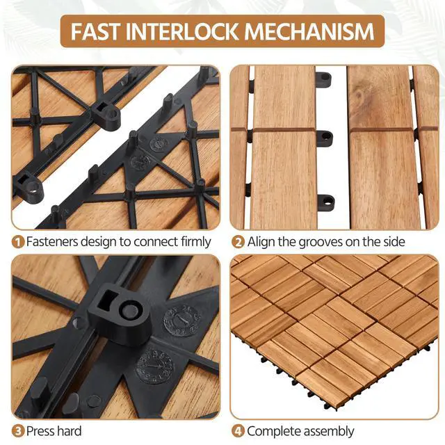 Alt view image 6 of 6 - 54pcs Acacia Wood,Interlocking Deck Tiles with Non-Slip Surface,Easy Snap Waterproof Flooring Tiles for Indoor Outdoor,Cracking Resistant Patio Backyard Decor for All Weather Use,Wood