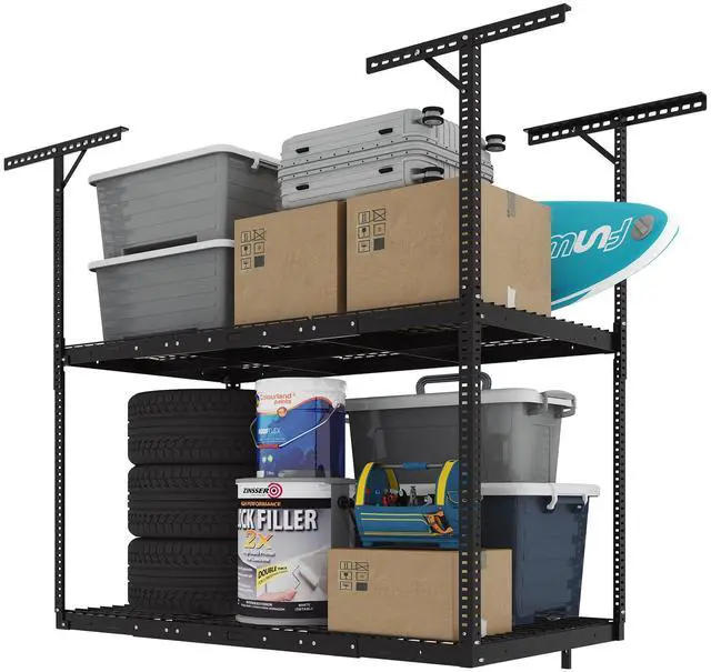 Main image of 3x6 2-Tier Overhead Garage Storage Rack Adjustable Heavy Duty Metal Garage Ceiling Storage Racks, 880 lbs Capacity Garages Organization System for 915 ft Tall Garages, Black