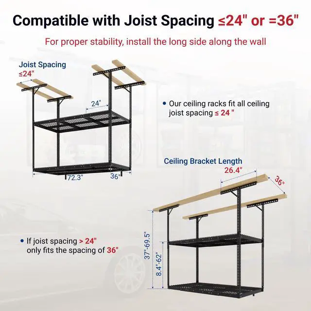 Alt view image 2 of 6 - 3x6 2-Tier Overhead Garage Storage Rack Adjustable Heavy Duty Metal Garage Ceiling Storage Racks, 880 lbs Capacity Garages Organization System for 915 ft Tall Garages, Black