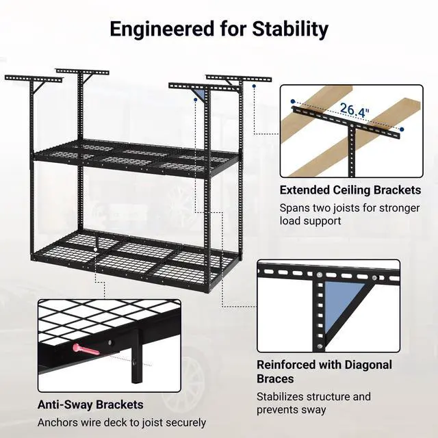 Alt view image 6 of 6 - 3x6 2-Tier Overhead Garage Storage Rack Adjustable Heavy Duty Metal Garage Ceiling Storage Racks, 880 lbs Capacity Garages Organization System for 915 ft Tall Garages, Black