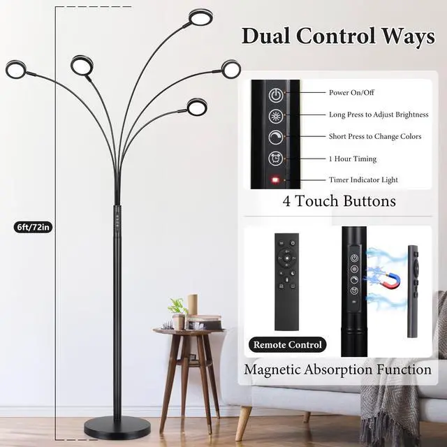 Alt view image 2 of 6 - LED Arc Floor Lamp with Remote, 2250LM Dimmable Floor Lamp with Timer, Adjustable Colors, Brightness & 5 Adjustable Arms,Multi-Head Tall Tree Standing Lamp for Living Room Bedroom Corner Office, Black
