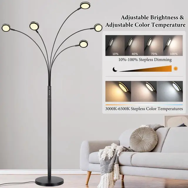 Alt view image 3 of 6 - LED Arc Floor Lamp with Remote, 2250LM Dimmable Floor Lamp with Timer, Adjustable Colors, Brightness & 5 Adjustable Arms,Multi-Head Tall Tree Standing Lamp for Living Room Bedroom Corner Office, Black