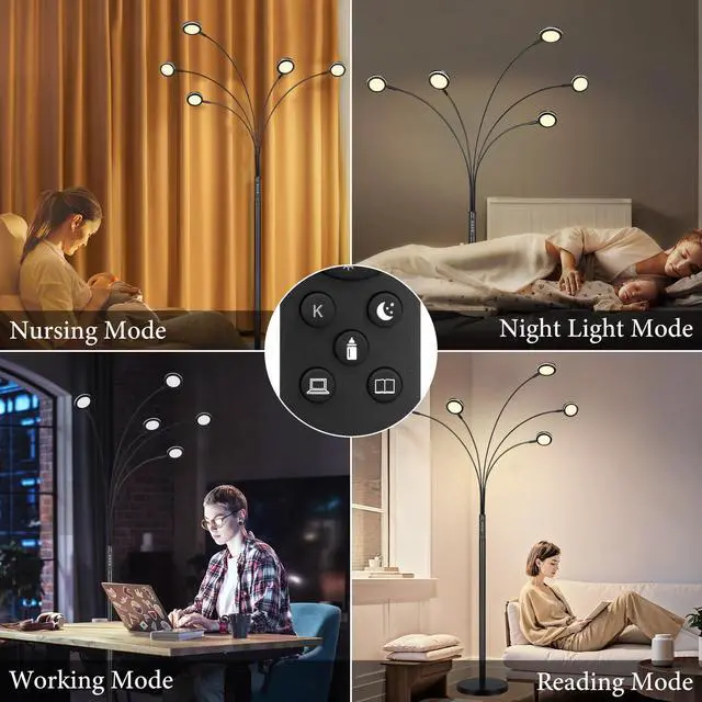 Alt view image 4 of 6 - LED Arc Floor Lamp with Remote, 2250LM Dimmable Floor Lamp with Timer, Adjustable Colors, Brightness & 5 Adjustable Arms,Multi-Head Tall Tree Standing Lamp for Living Room Bedroom Corner Office, Black