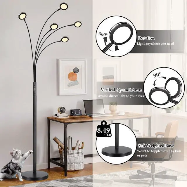 Alt view image 6 of 6 - LED Arc Floor Lamp with Remote, 2250LM Dimmable Floor Lamp with Timer, Adjustable Colors, Brightness & 5 Adjustable Arms,Multi-Head Tall Tree Standing Lamp for Living Room Bedroom Corner Office, Black
