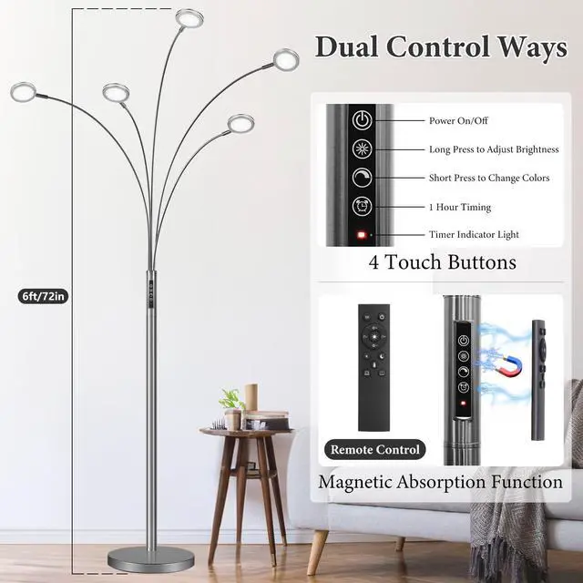 Alt view image 2 of 6 - LED Arc Floor Lamp with Remote, 2250LM Dimmable Black Chrome Floor Lamp with Timer, Adjustable Colors, Brightness & 5 Adjustable Arms, Multi-Head Tall Tree Standing Lamp for Living Room Bedroom Office