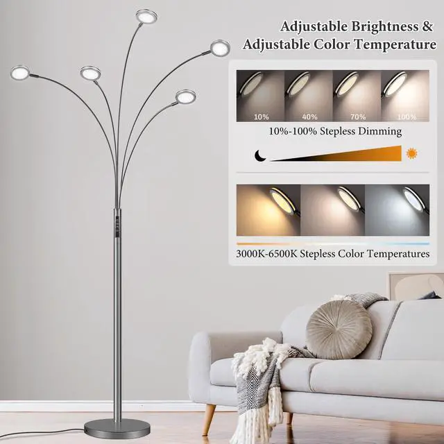Alt view image 3 of 6 - LED Arc Floor Lamp with Remote, 2250LM Dimmable Black Chrome Floor Lamp with Timer, Adjustable Colors, Brightness & 5 Adjustable Arms, Multi-Head Tall Tree Standing Lamp for Living Room Bedroom Office