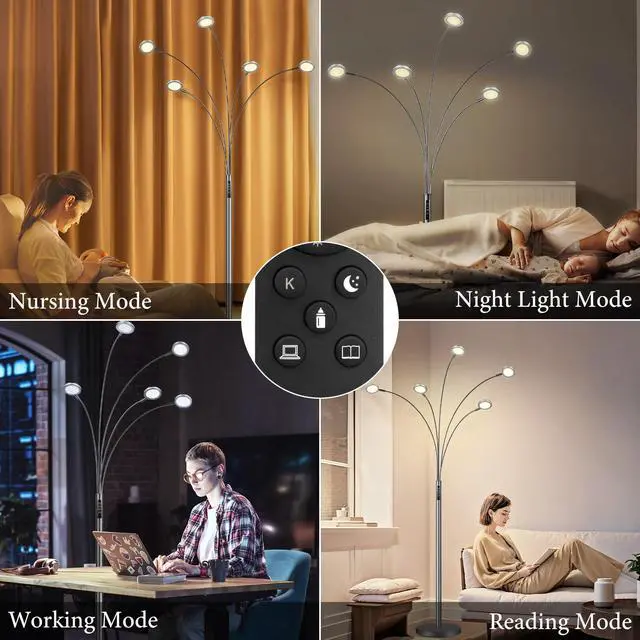 Alt view image 4 of 6 - LED Arc Floor Lamp with Remote, 2250LM Dimmable Black Chrome Floor Lamp with Timer, Adjustable Colors, Brightness & 5 Adjustable Arms, Multi-Head Tall Tree Standing Lamp for Living Room Bedroom Office