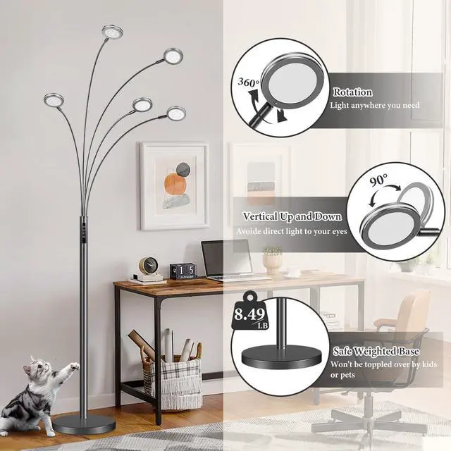Alt view image 6 of 6 - LED Arc Floor Lamp with Remote, 2250LM Dimmable Black Chrome Floor Lamp with Timer, Adjustable Colors, Brightness & 5 Adjustable Arms, Multi-Head Tall Tree Standing Lamp for Living Room Bedroom Office
