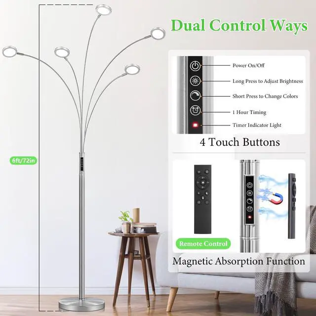 Alt view image 2 of 6 - LED Arc Floor Lamp with Remote, 2250LM Dimmable Floor Lamp with Timer, Adjustable Colors, Brightness & 5 Adjustable Arms, Multi-Head Tall Standing Lamp for Living Room Bedroom Office, Satin Nickel