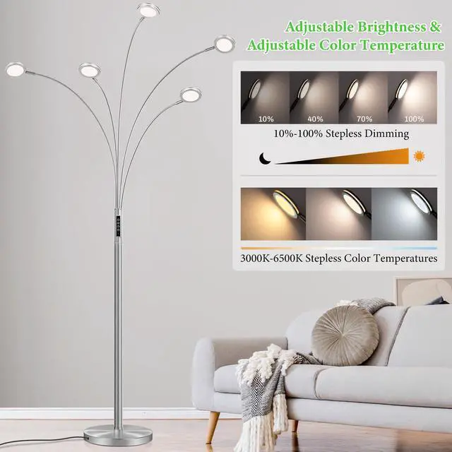 Alt view image 3 of 6 - LED Arc Floor Lamp with Remote, 2250LM Dimmable Floor Lamp with Timer, Adjustable Colors, Brightness & 5 Adjustable Arms, Multi-Head Tall Standing Lamp for Living Room Bedroom Office, Satin Nickel