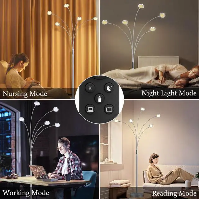 Alt view image 4 of 6 - LED Arc Floor Lamp with Remote, 2250LM Dimmable Floor Lamp with Timer, Adjustable Colors, Brightness & 5 Adjustable Arms, Multi-Head Tall Standing Lamp for Living Room Bedroom Office, Satin Nickel