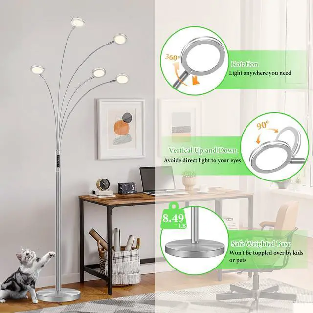 Alt view image 6 of 6 - LED Arc Floor Lamp with Remote, 2250LM Dimmable Floor Lamp with Timer, Adjustable Colors, Brightness & 5 Adjustable Arms, Multi-Head Tall Standing Lamp for Living Room Bedroom Office, Satin Nickel