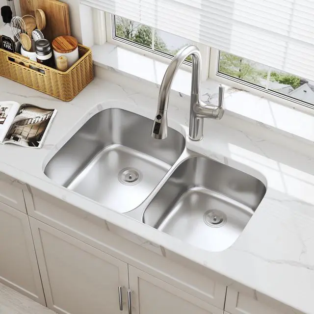 Main image of 32 Inch Undermount 60/40 Double Bowl Stainless Steel Kitchen Sink | 304 Stainless Steel, 18 Gauge Thickness, Soundproof Pad, Commercial Grade Satin Finish, Strainer Included, 32" x 20-7/8" x 9"