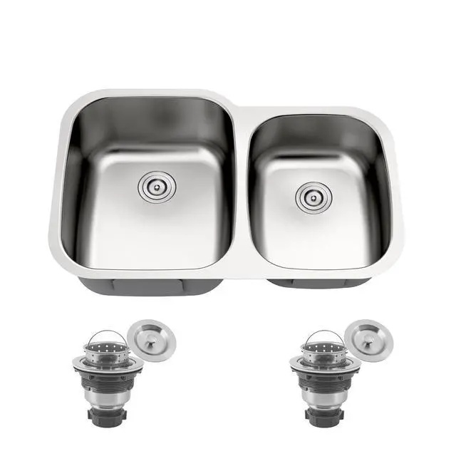 Alt view image 2 of 6 - 32 Inch Undermount 60/40 Double Bowl Stainless Steel Kitchen Sink | 304 Stainless Steel, 18 Gauge Thickness, Soundproof Pad, Commercial Grade Satin Finish, Strainer Included, 32" x 20-7/8" x 9"
