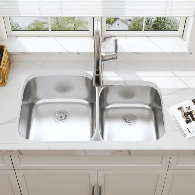 Alt view image 3 of 6 - 32 Inch Undermount 60/40 Double Bowl Stainless Steel Kitchen Sink | 304 Stainless Steel, 18 Gauge Thickness, Soundproof Pad, Commercial Grade Satin Finish, Strainer Included, 32" x 20-7/8" x 9"