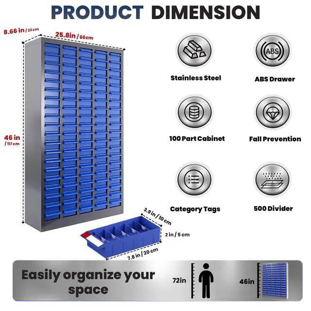 Alt view image 2 of 6 - 100-Drawer - Nut and Bolt Organizer | Stainless Steel Part Storage Cabinet | Shelves & Labels | Each Drawer 3.9" D x 7.8W x 2" H | Durable Hardware Storage for Small Parts/Tool (Classroom, Home)